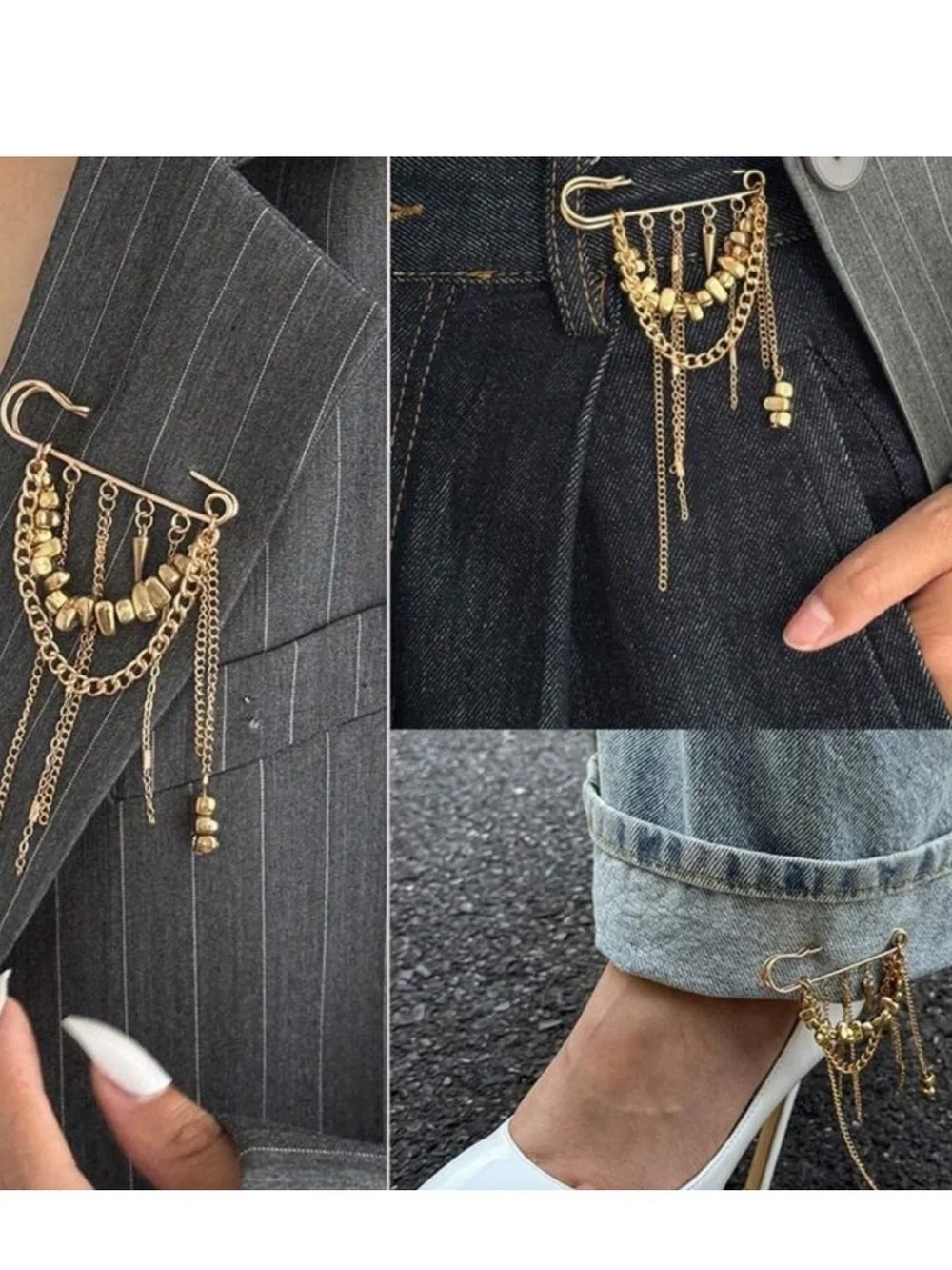Anthropologie Gold Cascading Chain Pin Brooch